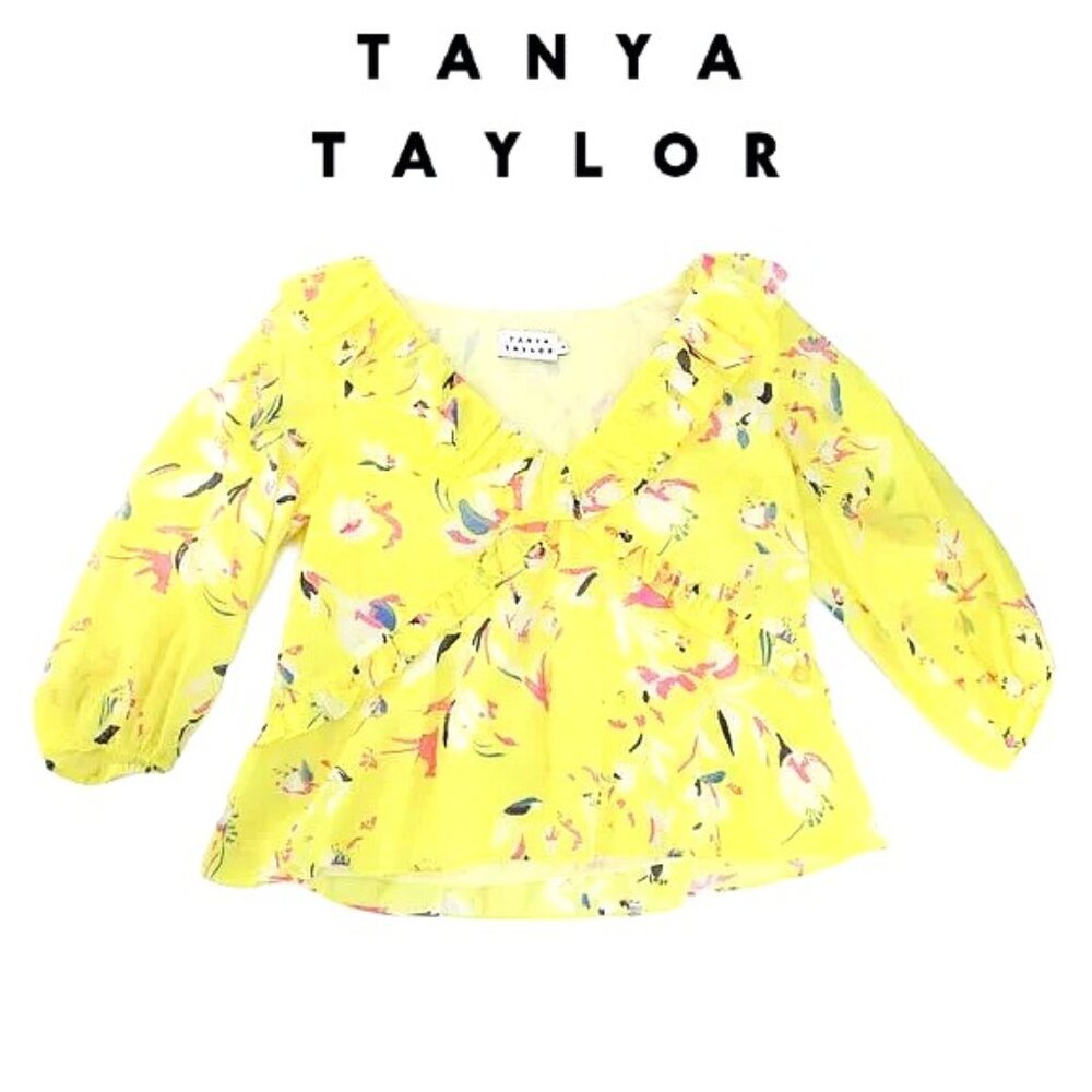 Tanya Taylor Lourdes Floral Cotton Blouse Yellow Ruffle V Neck Balloon Sleeve 4